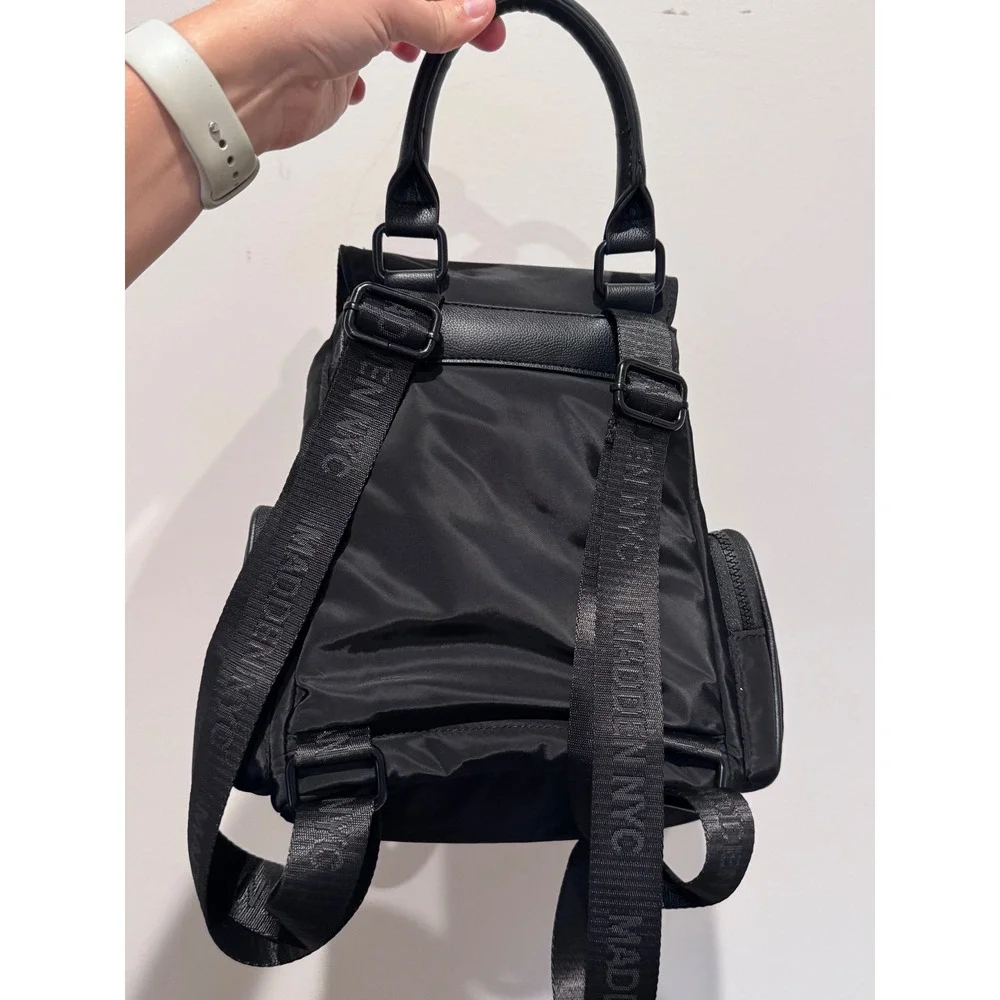 Madden NYC Black Nylon Mini Backpack with Chain Detail and Branded Straps